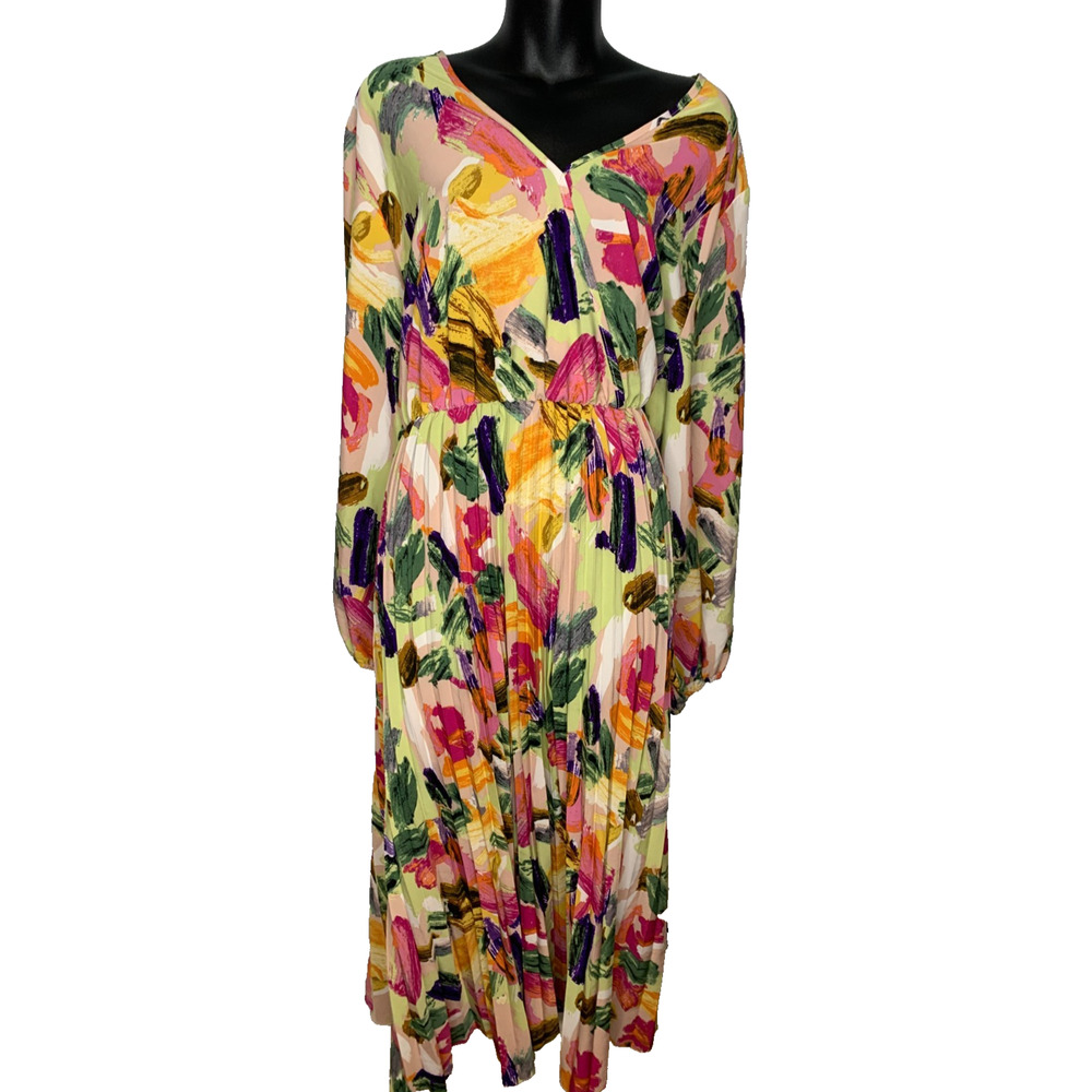 Shein Women's 4x Long Balloon Roll up Sleeve, V-Neck 3/4 Button Pleated Dress